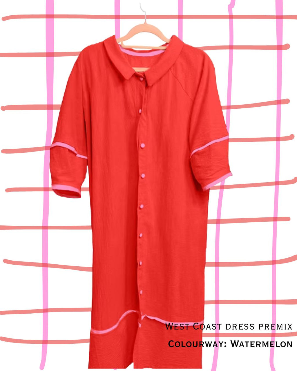 red dress with pink trim and buttons